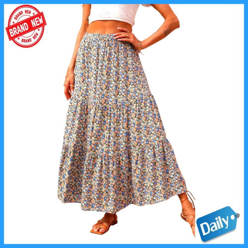 Maxi Skirt High Waist Flowy Boho Floral Casual Beach Vacation Resort Wear